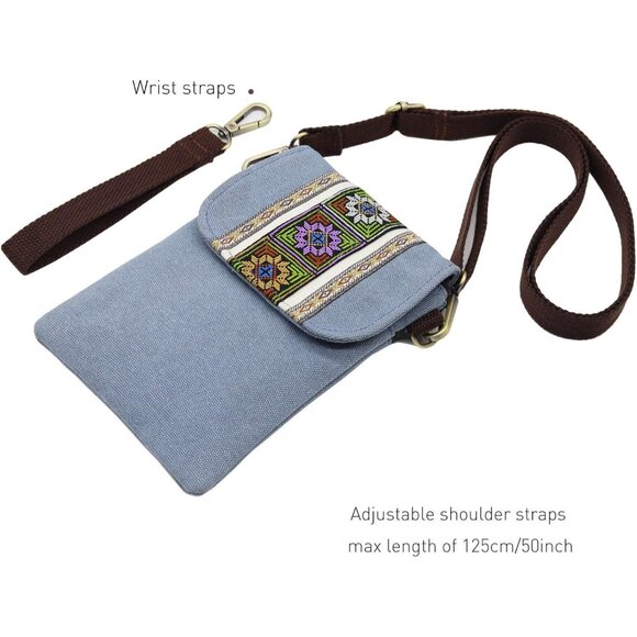 Women's Light Blue Vintage Embroidered Cute Mini Cross Body Bag Small Handbags - Picture 5 of 6